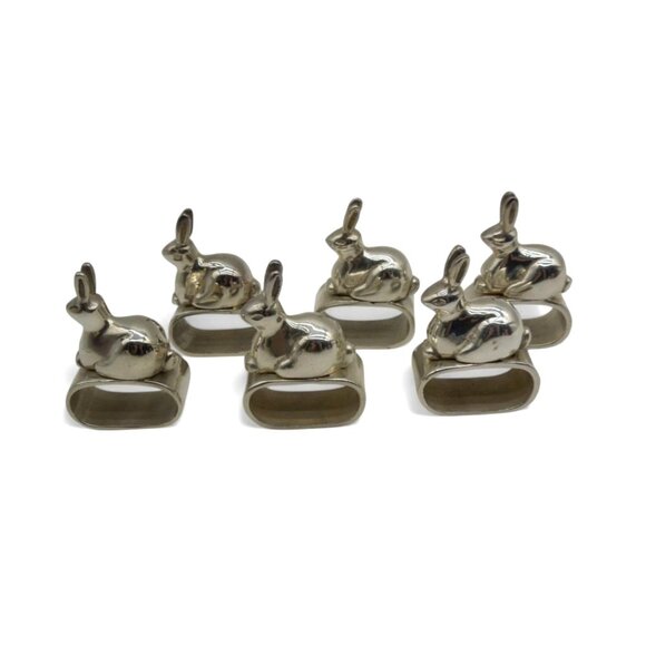 Bunny Rabbit NAPKIN HOLDER Ring Set of 6 Heavy Silver Tone Metal - Picture 10 of 11